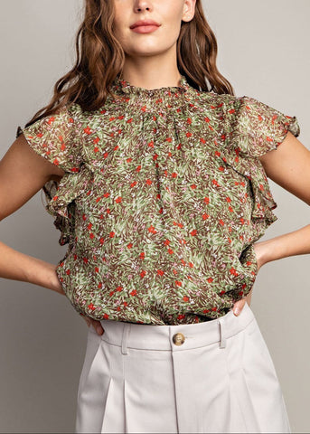 Floral Smock Neck Ruffle Sleeve Blouse