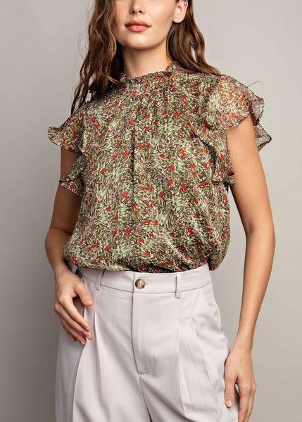 Floral Smock Neck Ruffle Sleeve Blouse