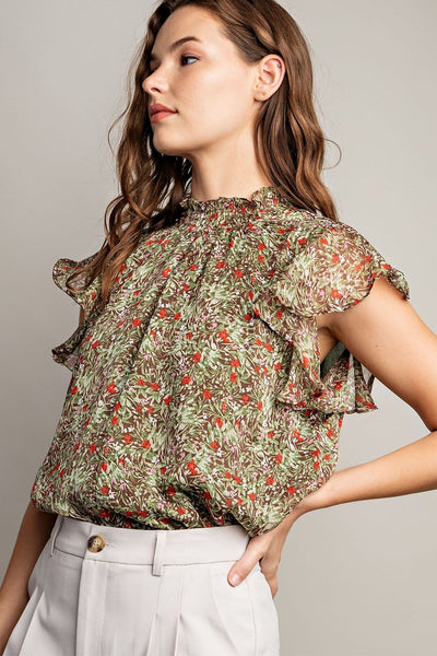 Floral Smock Neck Ruffle Sleeve Blouse