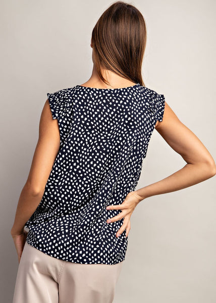 Navy and White Dot Pleated Sleeve Top
