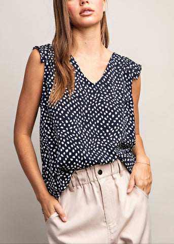 Navy and White Dot Pleated Sleeve Top