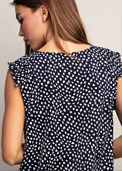 Navy and White Dot Pleated Sleeve Top