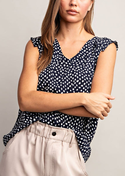 Navy and White Dot Pleated Sleeve Top