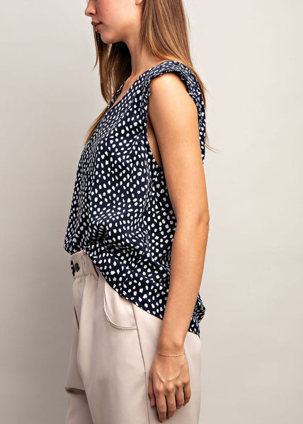 Navy and White Dot Pleated Sleeve Top