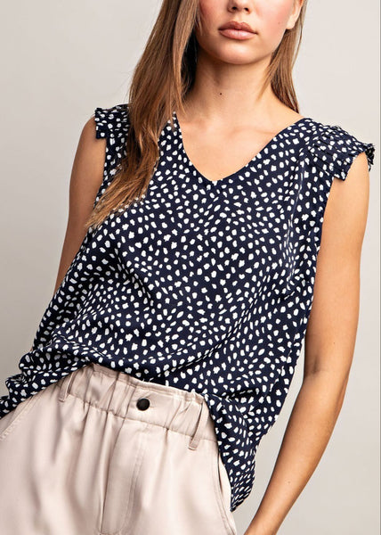 Navy and White Dot Pleated Sleeve Top