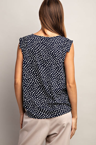 Navy and White Dot Pleated Sleeve Top