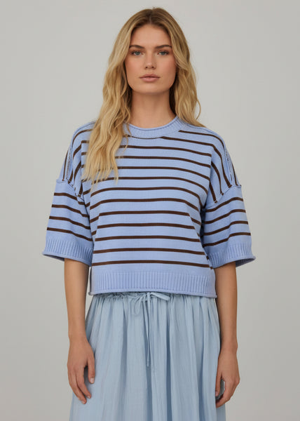 Striped Raw Edge Drop Shoulder Sweater