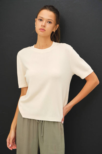 CASHMERE BLENDED SHORT SLEEVE SWEATER  : SLATE BLUE / M