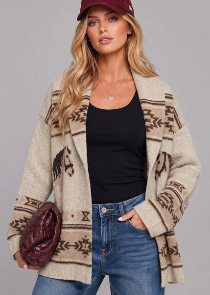 Western Horse Knit Cardigan in Oatmeal