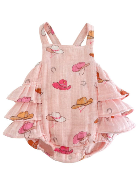 Western Pink Muslin Ruffle Sunsuit: 6-12M