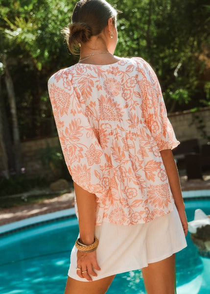 Boho Printed Blouse with Tie Front