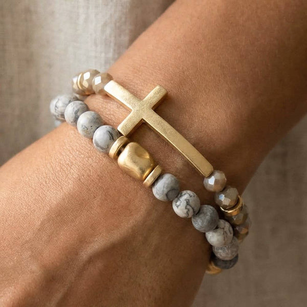 Cross Charm Stone Beaded Bracelet Set: BDWG