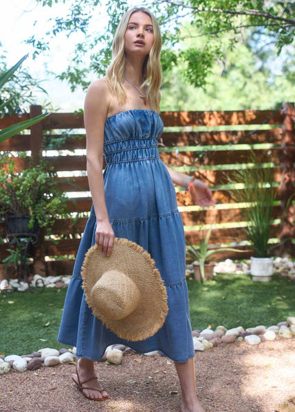 Strapless Shirred Tiered Denim Midi Dress