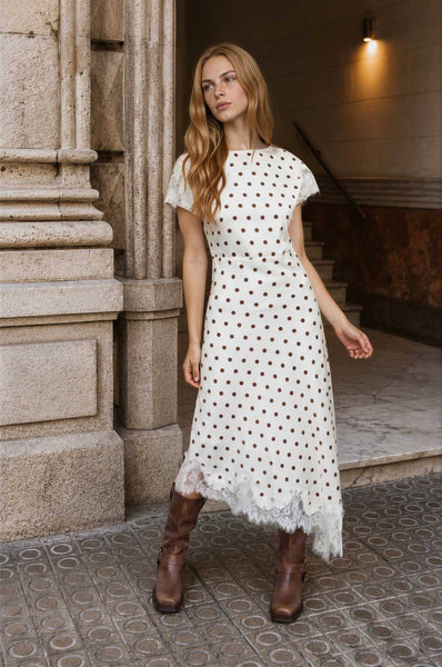 POLKA DOT LACE TRIM SHORT SLEEVE MIDI DRESS: BLACK