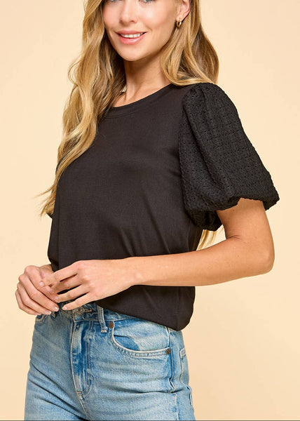 Extra Comfy Contrast Puffed Sleeve Top in Black