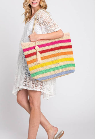 Pom Pom Tassel Multi Color Striped Tote Bag
