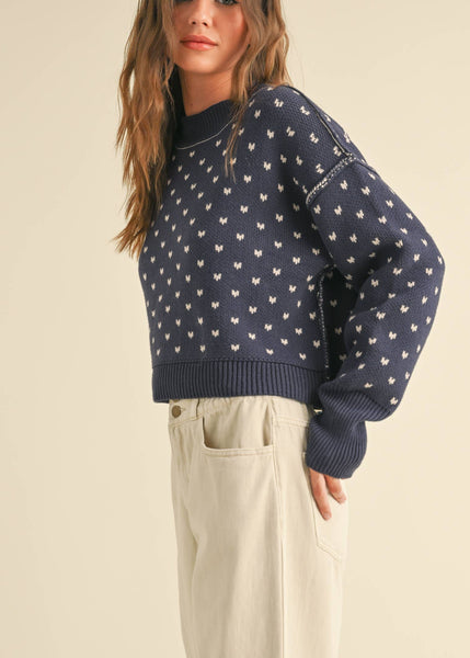 Navy Patterned Cropped Sweater