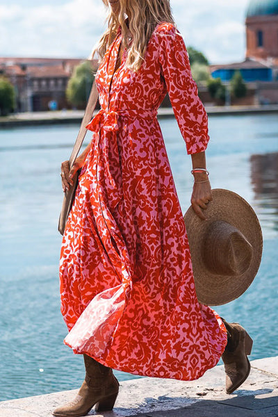 Western Vibes Stylish Red Print Tie Waist Maxi Dress