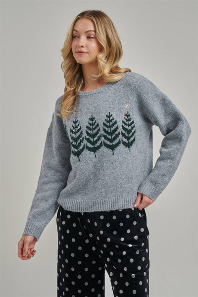 COZY CHRISTMAS TREE HOLIDAY SWEATER TOP_JLT00375-01: GREY / S-M-L(2-2-2)