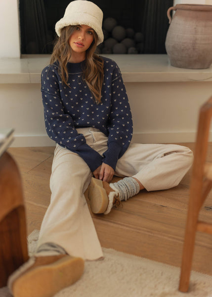 Navy Patterned Cropped Sweater