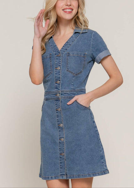 Stretch Denim Button Up Mini Dress