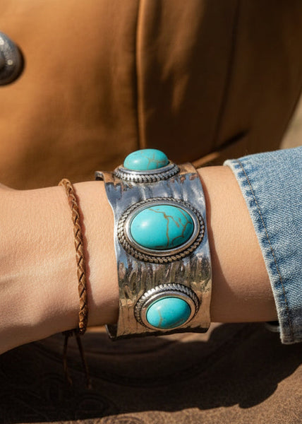Silver Textured Turquoise Stone Cuff Bracelet