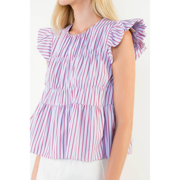 Ruffle Sleeve Smocked Striped Top: PURPLE / XS-S-M-L(1-2-2-1)