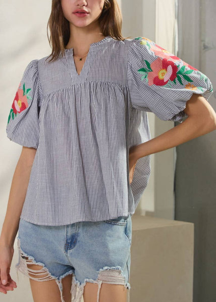 Floral Embroidered Sleeve Blue and White Striped Top