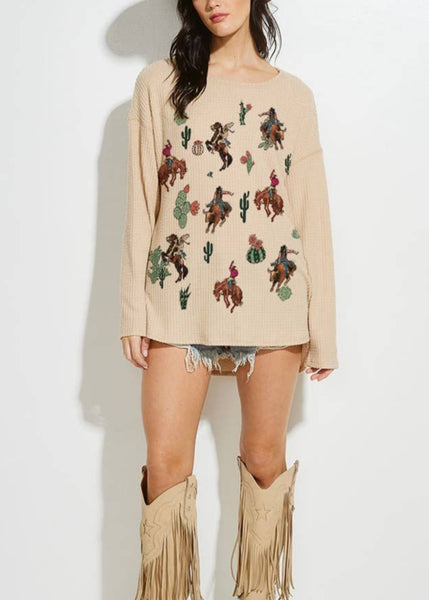 Cowboy Print Waffle Texture Long Sleeve Top