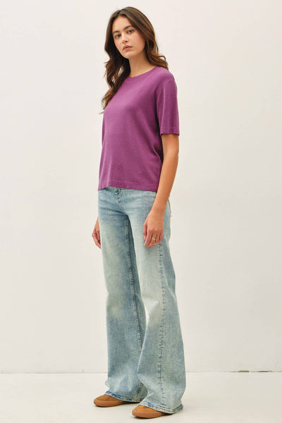 CASHMERE BLENDED SHORT SLEEVE SWEATER  : SLATE BLUE / M