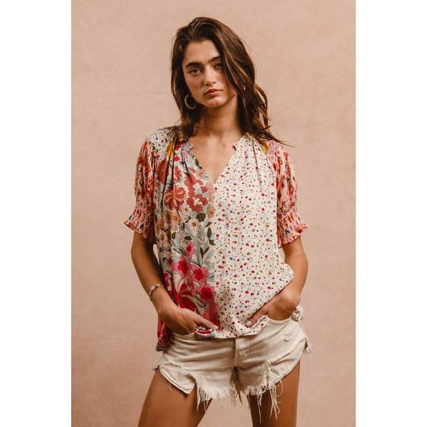 WOVEN PRINT MIX AND MATCH PEASANT TOP: ROSE MIX / M
