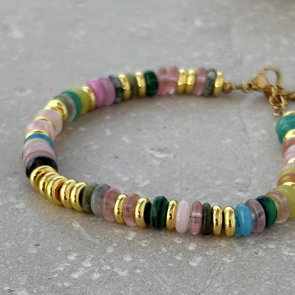 Multicolor Tarnish Resistant Stone And Gold Beaded Bracelet