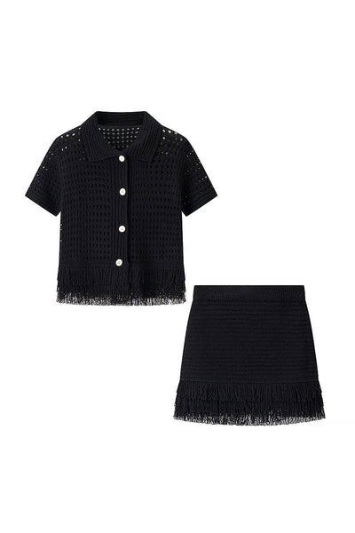 Fringe-Trimmed Skirt Set with Button Top: BLACK / S