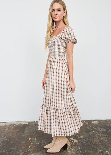 Gingham Smocked Puff Sleeve Tiered Midi Dress