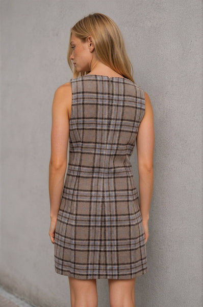 PLAID FLANNEL SLEEVELESS MINI DRESS-BACKORDER: MOCHA MULTI