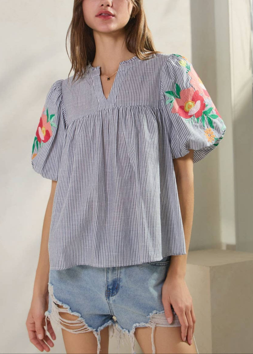 Floral Embroidered Sleeve Blue and White Striped Top