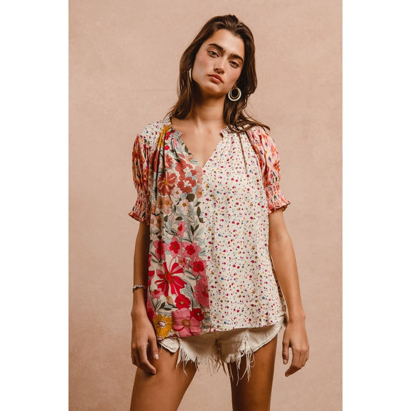 WOVEN PRINT MIX AND MATCH PEASANT TOP: ROSE MIX / M