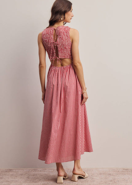 Red and White Open-Back Gingham Maxi Dress