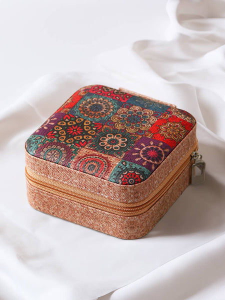Retro Floral Print Portable Square Jewelry Box