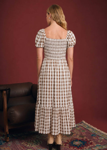 Gingham Smocked Puff Sleeve Tiered Midi Dress