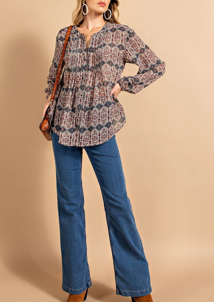 Boho Vibes Chiffon Pintuck Button-down Blouse