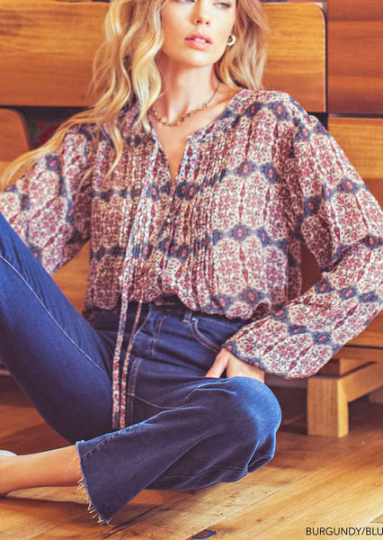 Boho Vibes Chiffon Pintuck Button-down Blouse