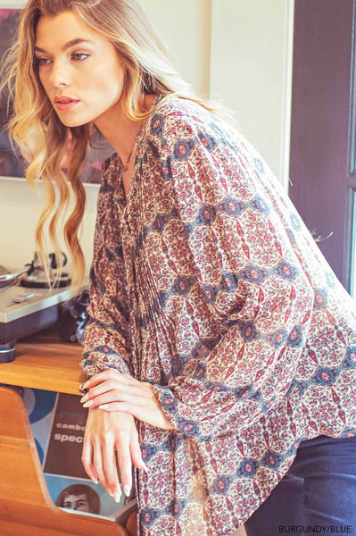 Boho Vibes Chiffon Pintuck Button-down Blouse