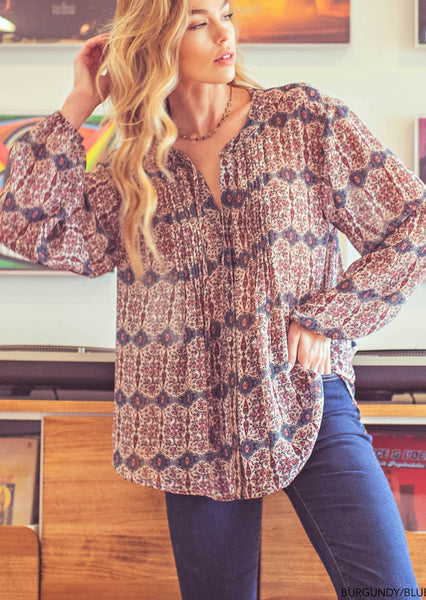 Boho Vibes Chiffon Pintuck Button-down Blouse