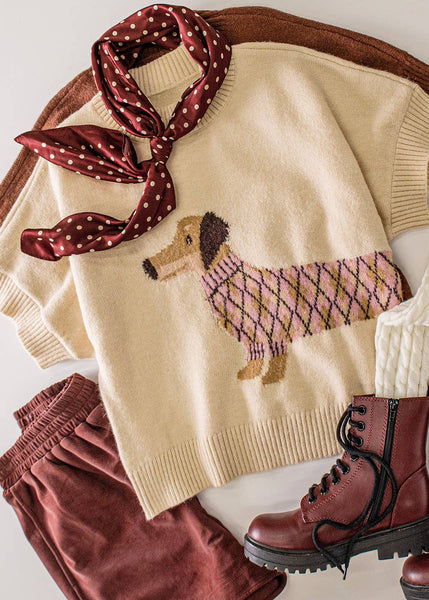 Dachshund Dog Graphic Short Sleeve Knit Sweater