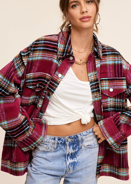 Berry Plaid Button Down Jacket