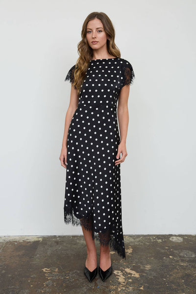 POLKA DOT LACE TRIM SHORT SLEEVE MIDI DRESS: BLACK