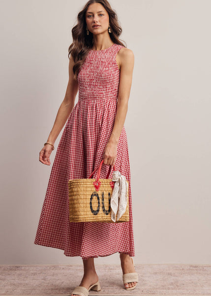 Red and White Open-Back Gingham Maxi Dress