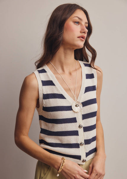 Striped Button-Front Knit Vest Top