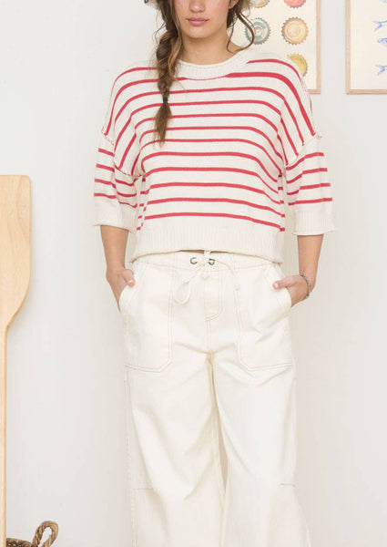 Striped Raw Edge Drop Shoulder Sweater